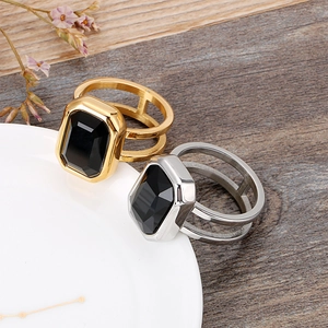 Fashionable hollow stainless steel rings with rectangular black gems in gold and silver