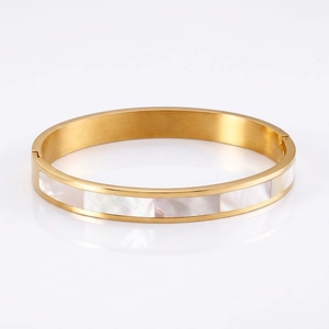 Stainless Steel Bangle Bracelet With Mother Of Artificial Pearl Shell Inlay Minimalist Elegant Gold Plated Jewelry For Women