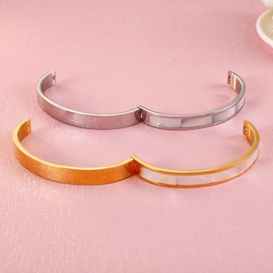 Minimalist 8mm titanium steel open bangle with mother of pearl inlay in gold and silver finish