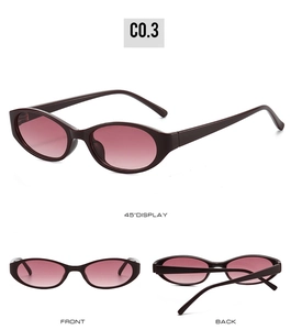Detailed views of oval sunglasses with dark burgundy frames and purple gradient lenses
