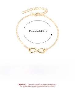 Detailed view of infinity charm bracelet showing 24.5cm length and alloy material specs