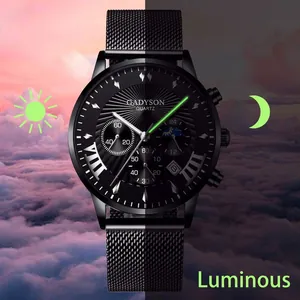 GADYSON men's quartz watch with black mesh strap featuring luminous dial day night effect