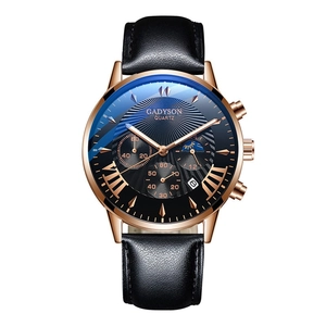 Business men's quartz watch with rose gold case, blue dial and black leather strap