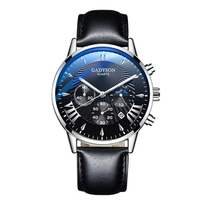 Detail of GADYSON business watch with three sub-dials and calendar on sunray dial