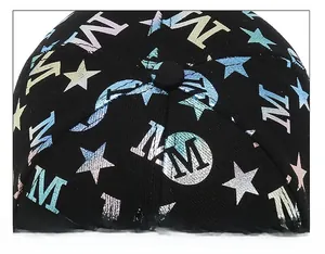 Macro shot of cotton twill baseball cap top featuring colorful star and letter M prints