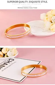 Close-up of 8mm fine steel bangle with white shell inlay and 18K gold vacuum plating