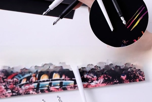 Detailed view of dual-tip scratching pen with metal nibs for precise art and thick lines
