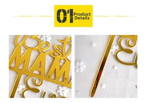 Gold acrylic cake topper for Mother's Day, best mom ever dessert insert decoration.