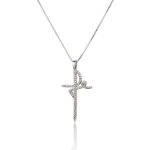 Silver cross pendant necklace with stylized angel design and sparkling cubic zirconia stones