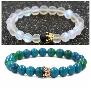 Bracelets de perles couronne pour couples en pierre de lune mate et effet marbre