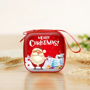 Detail of red square Christmas coin purse with Santa print and Merry Christmas text