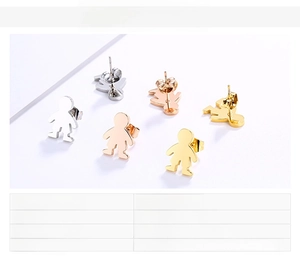 Three pairs of stainless steel boy-shaped stud earrings in gold, silver, and rose gold finishes