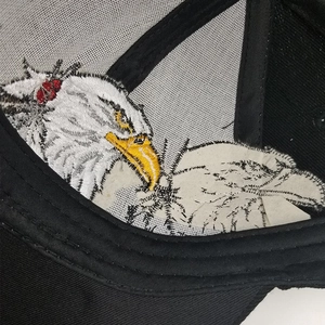 Dettaglio del ricamo dell'aquila e del tessuto a rete bianca su un cappellino da baseball