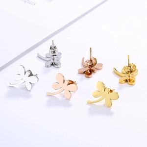 Three pairs of dragonfly stainless steel stud earrings in silver, gold and rose gold finishes