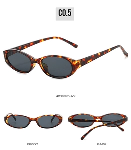 Detailed views showing tortoise shell oval sunglasses frame and gray lenses from three angles