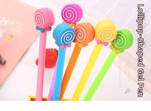 Macro view of colorful candy lollipop gel pens with silicone bows in five bright shades