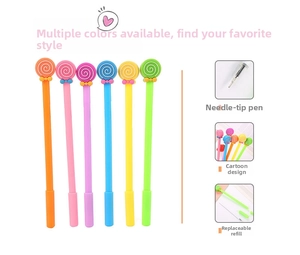 Detail view of colorful candy lollipop pens showing needle tip and ink refill structure