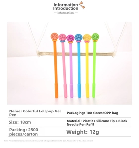 Detailed specs of candy lollipop pens with silicone heads and colorful plastic barrels