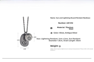 Detail view of titanium steel necklace with sun and lightning charms and dimensions