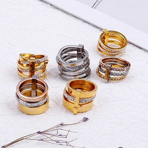 Three-layer stacked stainless steel ring with micro-pave crystals in gold and silver