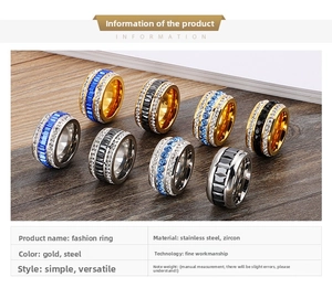 Detailed display of titanium steel rings set with blue and black zircon stones
