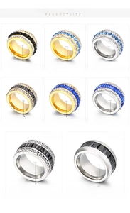 Detailed view showing 12mm wide titanium steel rings with assorted zircon color options