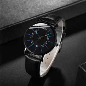 Classic black leather Geneva men's watch with blue dial accents and date window