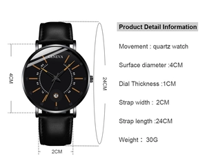 Detailed view of Geneva business watch showing black leather strap and 4cm quartz dial