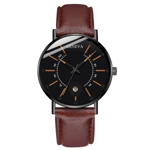 Detail of Geneva quartz watch with black dial, brown leather strap, and date display