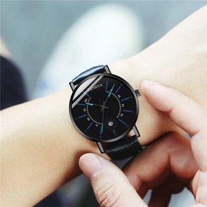 Geneva minimalist men's quartz watch with black leather strap and blue accents