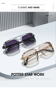 Close-up of square pilot sunglasses with double bridge and metal hinge details on a stand