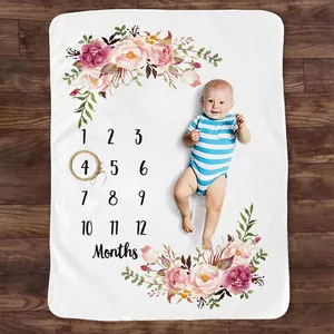 Floral baby milestone blanket with monthly numbers and wood ring for infant photography
