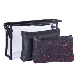 Three-piece waterproof cosmetic bag set with transparent PVC and black PU leather bags