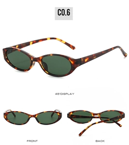 Detailed views of oval tortoiseshell sunglasses with dark green lenses from multiple angles