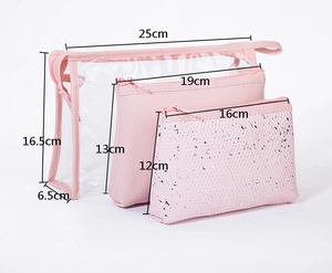 Three-piece pink waterproof travel makeup bag set with PVC and textured materials