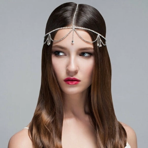 Bohemian silver rhinestone hair chain with tassel droplet for elegant bridal styling
