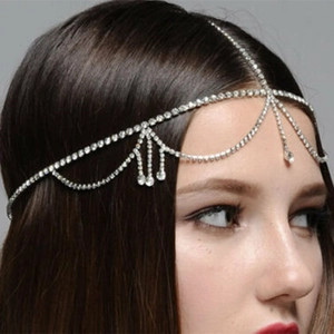 Silver rhinestone tassel hair chain headpiece with crystal pendants for bridal styling