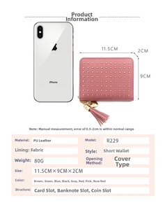 Portefeuille court en cuir PU rose avec rivets, montrant dimensions 11.5x9x2cm et fentes