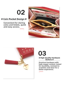 Détails du portefeuille rouge à rivets avec poche zippée et breloque en forme de cœur doré