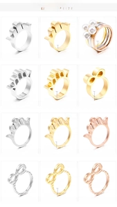 Macro display of 12 minimalist textured stainless steel rings in gold, silver, and rose gold