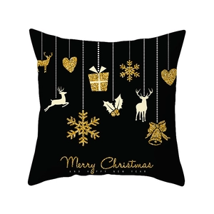 Housse de coussin de Noël noire carrée avec rennes scintillants et motifs dorés