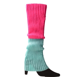 Detail of rib-knit leg warmers in vibrant pink and turquoise with black high heels