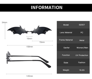 Detailed technical diagram of bat-shaped sunglasses with frame dimensions and specs