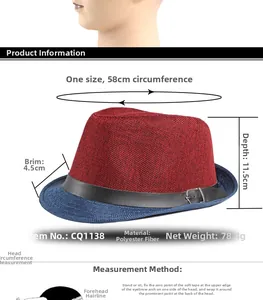 Measurement guide for a two-tone polyester jazz hat with a 58cm circumference and 4.5cm brim