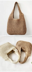 Detailed view of handmade woven straw tote bags in natural brown and beige colors