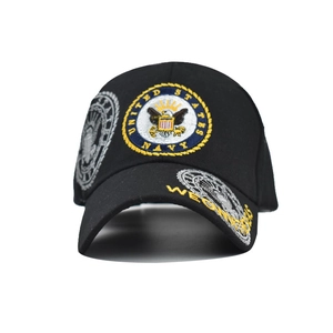 Close-up of United States Navy 3D embroidery on a black tactical baseball cap