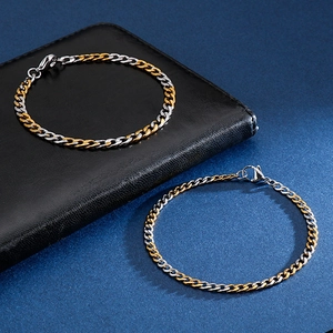 Hip hop style stainless steel Cuban link bracelets in gold and silver set of two