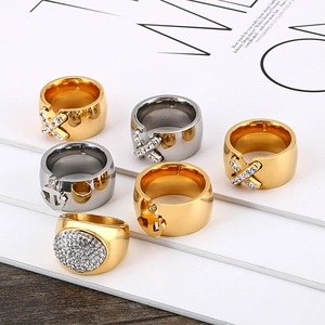 Stainless Steel Anchor Ring With Rhinestones Nautical Style Wide Band Paved Zirconia Cross Design Fashion Jewelry