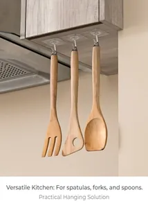 Strong transparent adhesive hooks for kitchen storage holding wooden cooking utensils