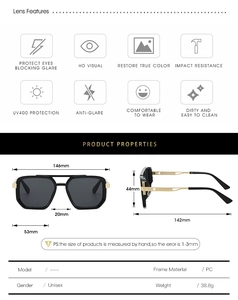 Detailed infographic showing UV400 protection and exact dimensions for pilot sunglasses